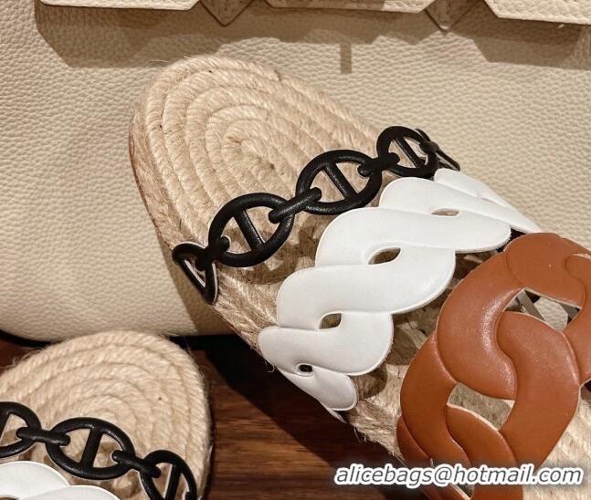 Fashion Hermes Gwen Flat Slide Sandals in Leather Chain White/Brown 0525134