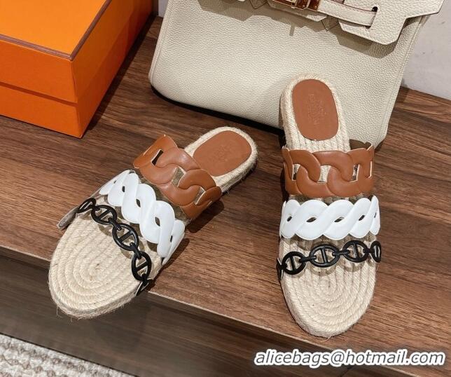 Fashion Hermes Gwen Flat Slide Sandals in Leather Chain White/Brown 0525134