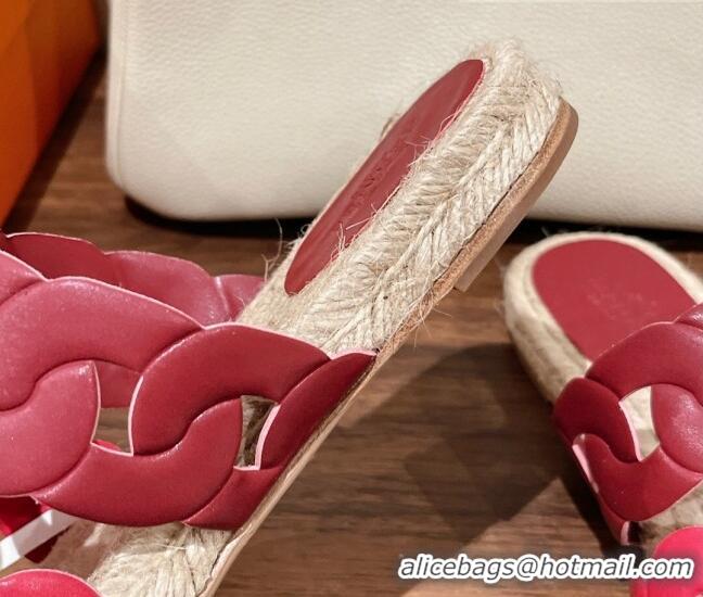 Luxury Hermes Gwen Flat Slide Sandals in Leather Chain Burgundy/Pink 525135