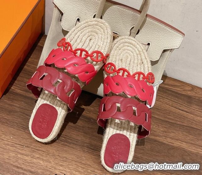 Luxury Hermes Gwen Flat Slide Sandals in Leather Chain Burgundy/Pink 525135