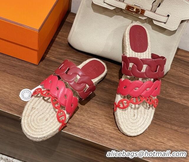 Luxury Hermes Gwen Flat Slide Sandals in Leather Chain Burgundy/Pink 525135