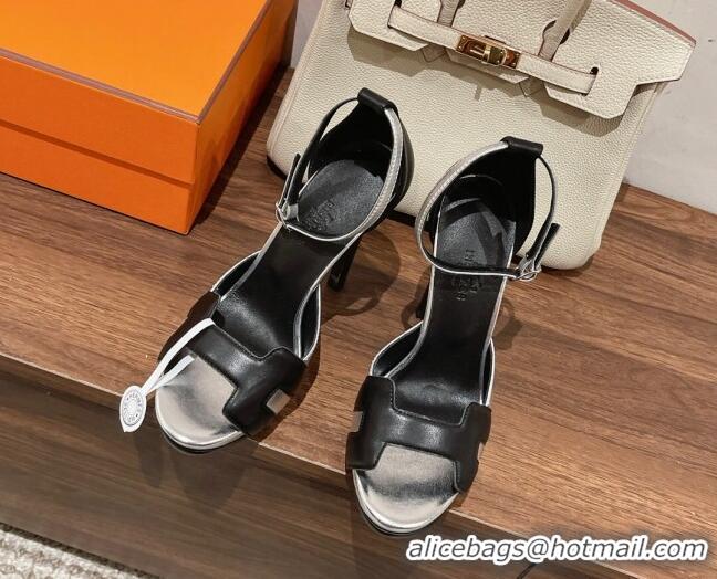 Best Grade Hermes Leather High Heel Platform Sandals 12.5cm Silver/Black 0525137