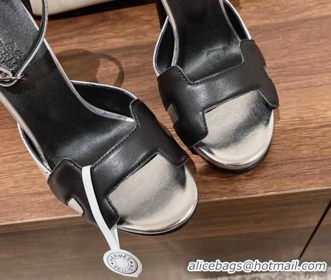 Best Grade Hermes Leather High Heel Platform Sandals 12.5cm Silver/Black 0525137