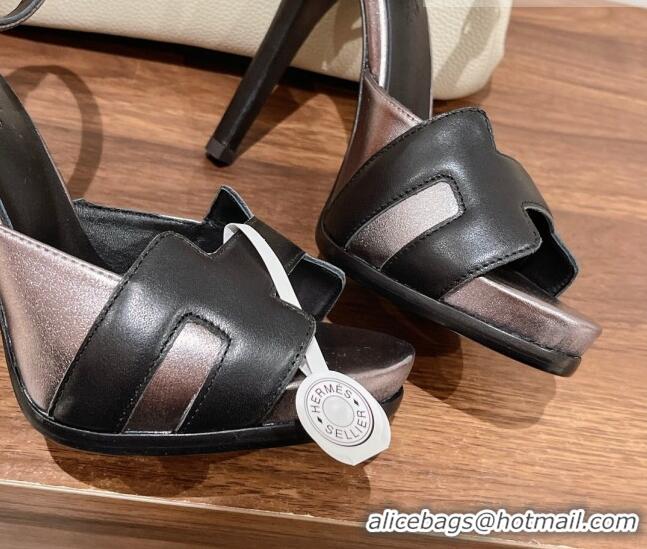 Classic Hot Hermes Leather High Heel Platform Sandals 12.5cm Silver/Black 525137