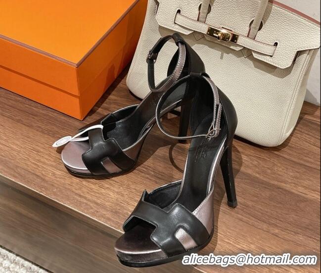 Classic Hot Hermes Leather High Heel Platform Sandals 12.5cm Silver/Black 525137