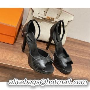 Classic Specials Hermes Leather High Heel Platform Sandals 12.5cm Black 0525138