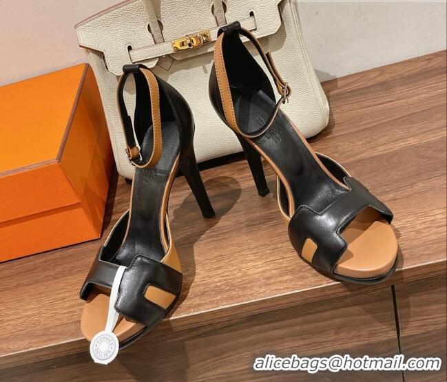 Shop Duplicate Hermes Leather High Heel Platform Sandals 12.5cm Brown/Black 0525140