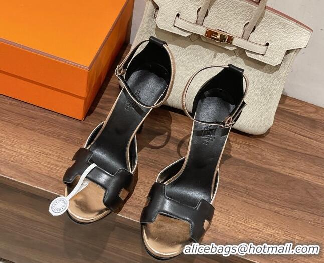 Top Design Hermes Leather High Heel Platform Sandals 12.5cm Gold/Black 0525141