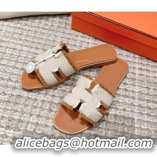 Luxury Cheap Hermes Classic Flat Slide Sandals in Fringe Fabric Brown 0525144