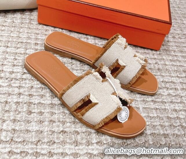 Luxury Cheap Hermes Classic Flat Slide Sandals in Fringe Fabric Brown 0525144