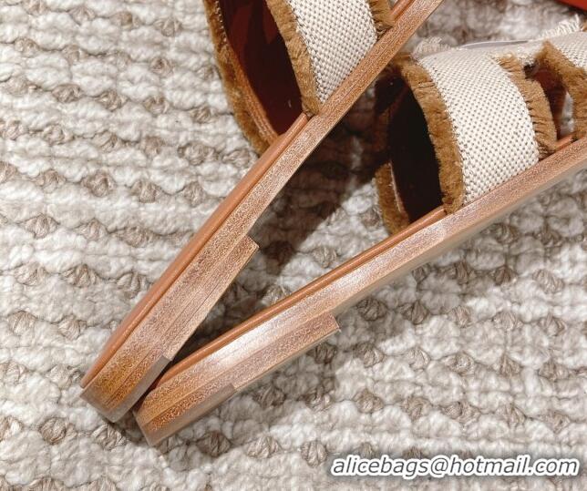 Luxury Cheap Hermes Classic Flat Slide Sandals in Fringe Fabric Brown 0525144