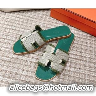 Cheap Hermes Classic Flat Slide Sandals in Fringe Fabric Green 0525145