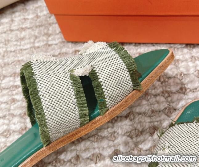 Cheap Hermes Classic Flat Slide Sandals in Fringe Fabric Green 0525145