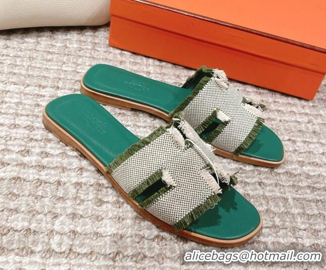 Cheap Hermes Classic Flat Slide Sandals in Fringe Fabric Green 0525145