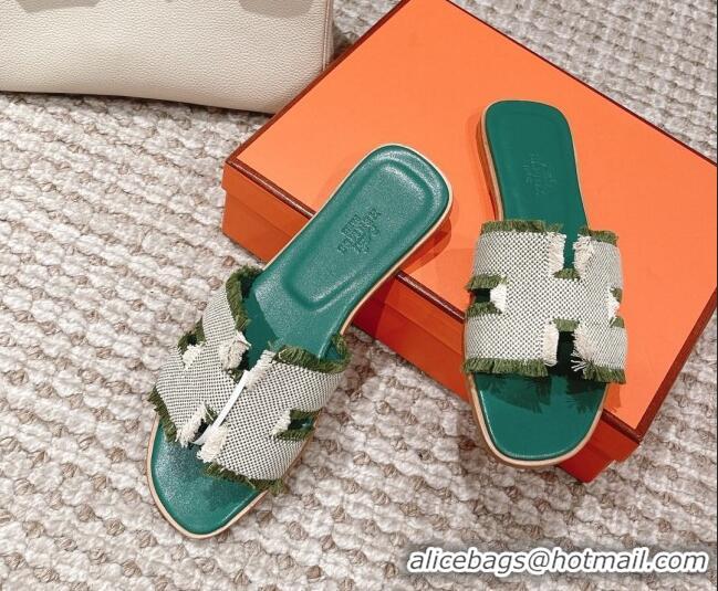 Cheap Hermes Classic Flat Slide Sandals in Fringe Fabric Green 0525145