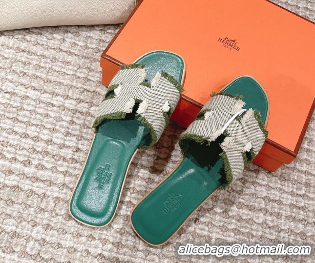 Cheap Hermes Classic Flat Slide Sandals in Fringe Fabric Green 0525145