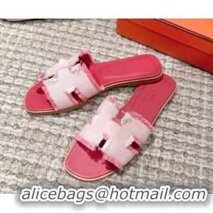 Sumptuous Hermes Classic Flat Slide Sandals in Fringe Fabric Pink 0525147