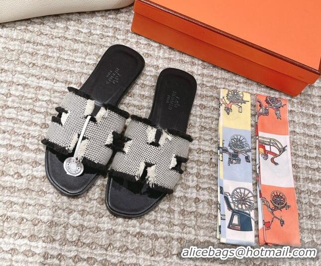 Popular Style Hermes Classic Flat Slide Sandals in Fringe Fabric Black 0525148