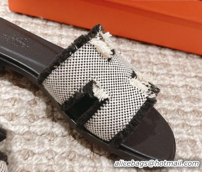 Popular Style Hermes Classic Flat Slide Sandals in Fringe Fabric Black 0525148