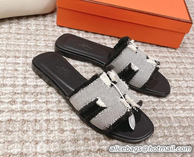 Popular Style Hermes Classic Flat Slide Sandals in Fringe Fabric Black 0525148