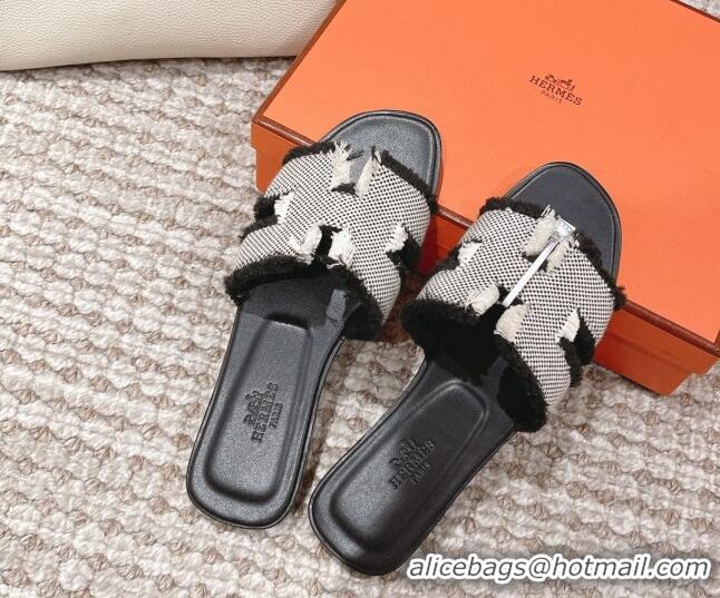 Popular Style Hermes Classic Flat Slide Sandals in Fringe Fabric Black 0525148