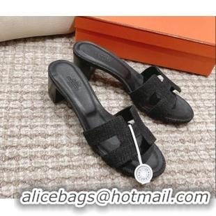 Luxury Hermes Classic Oasis Denim Heel Slide Sandals 4.5cm Black 0525149