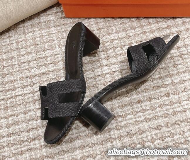 Luxury Hermes Classic Oasis Denim Heel Slide Sandals 4.5cm Black 0525149