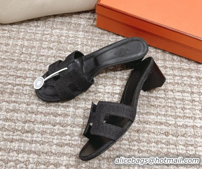 Luxury Hermes Classic Oasis Denim Heel Slide Sandals 4.5cm Black 0525149