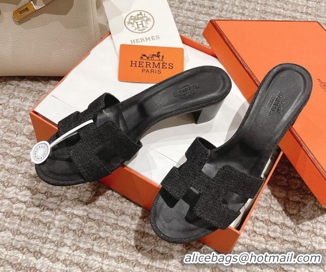 Luxury Hermes Classic Oasis Denim Heel Slide Sandals 4.5cm Black 0525149