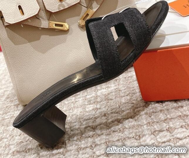 Luxury Hermes Classic Oasis Denim Heel Slide Sandals 4.5cm Black 0525149