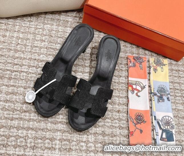 Luxury Hermes Classic Oasis Denim Heel Slide Sandals 4.5cm Black 0525149