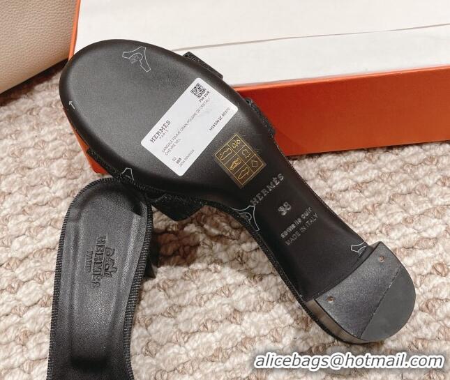 Luxury Hermes Classic Oasis Denim Heel Slide Sandals 4.5cm Black 0525149