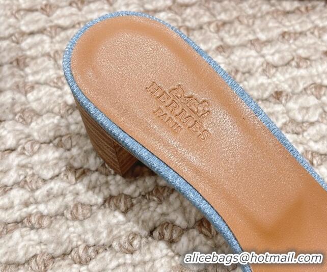 Stylish Hermes Classic Oasis Denim Heel Slide Sandals 4.5cm Light Blue 0525150