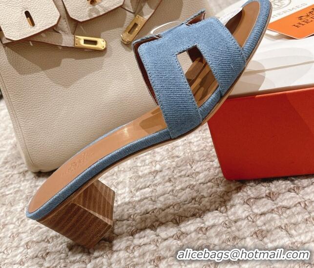 Stylish Hermes Classic Oasis Denim Heel Slide Sandals 4.5cm Light Blue 0525150