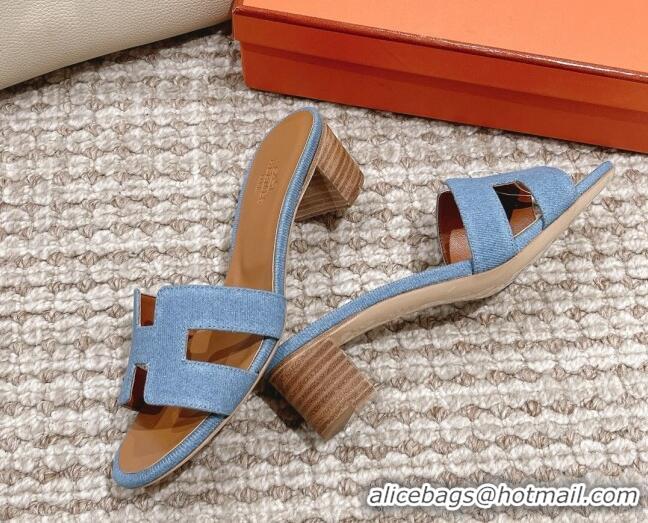 Stylish Hermes Classic Oasis Denim Heel Slide Sandals 4.5cm Light Blue 0525150