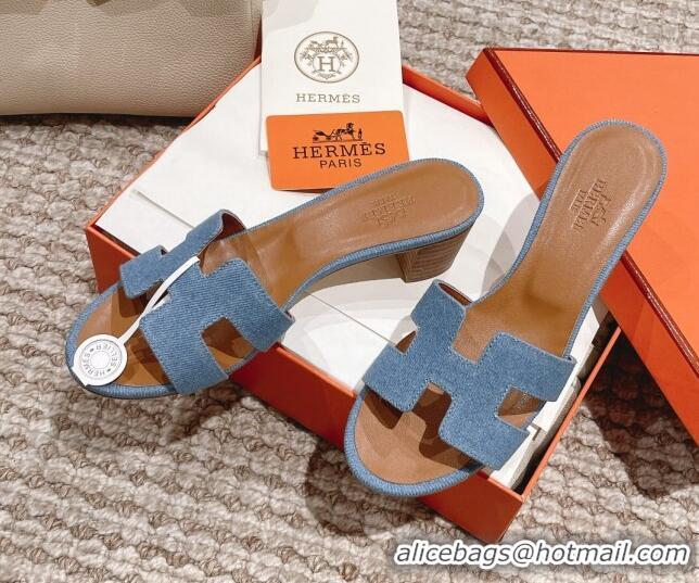 Stylish Hermes Classic Oasis Denim Heel Slide Sandals 4.5cm Light Blue 0525150