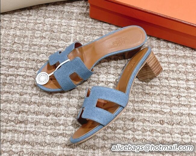 Stylish Hermes Classic Oasis Denim Heel Slide Sandals 4.5cm Light Blue 0525150