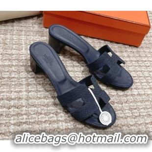 Hot Style Hermes Classic Oasis Denim Heel Slide Sandals 4.5cm Dark Blue 525151