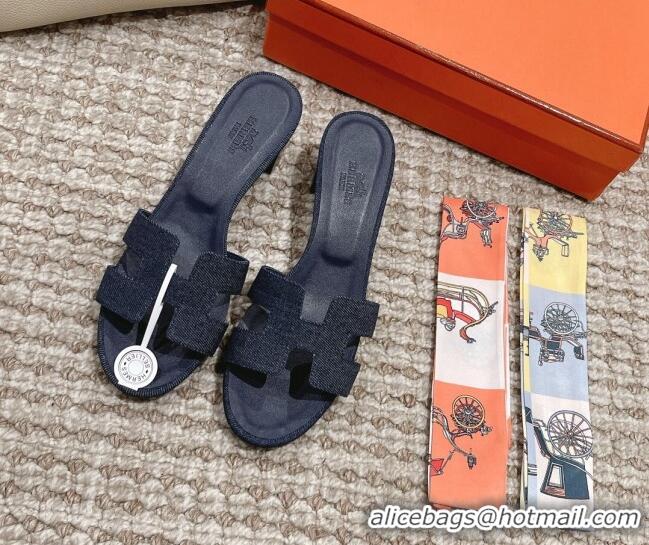 Hot Style Hermes Classic Oasis Denim Heel Slide Sandals 4.5cm Dark Blue 525151