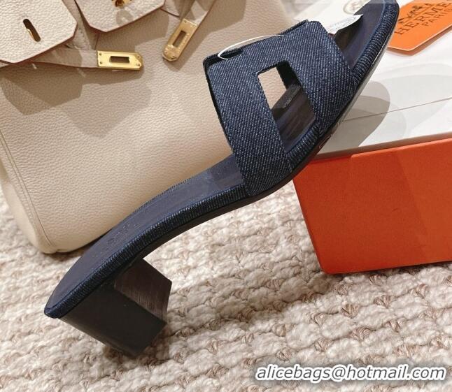 Hot Style Hermes Classic Oasis Denim Heel Slide Sandals 4.5cm Dark Blue 525151