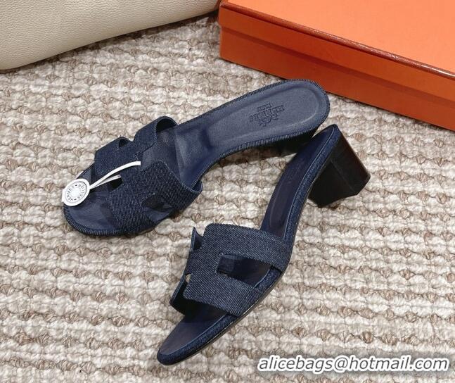 Hot Style Hermes Classic Oasis Denim Heel Slide Sandals 4.5cm Dark Blue 525151