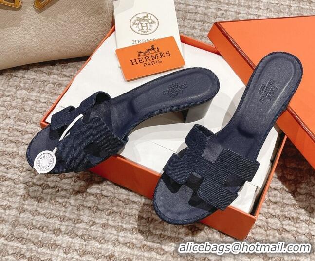 Hot Style Hermes Classic Oasis Denim Heel Slide Sandals 4.5cm Dark Blue 525151