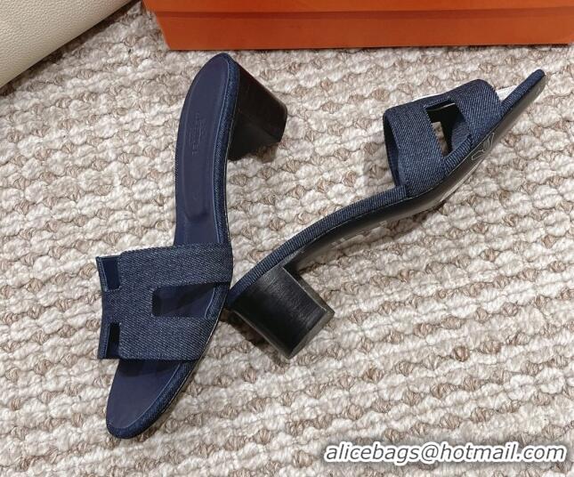 Hot Style Hermes Classic Oasis Denim Heel Slide Sandals 4.5cm Dark Blue 525151