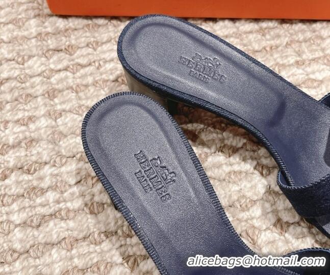 Hot Style Hermes Classic Oasis Denim Heel Slide Sandals 4.5cm Dark Blue 525151