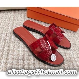 Grade Quality Hermes Classic Flat Slide Sandals in Crocodile Embossed Leather Red 0525152