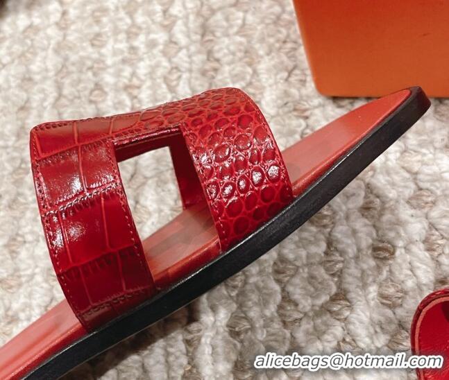 Grade Quality Hermes Classic Flat Slide Sandals in Crocodile Embossed Leather Red 0525152