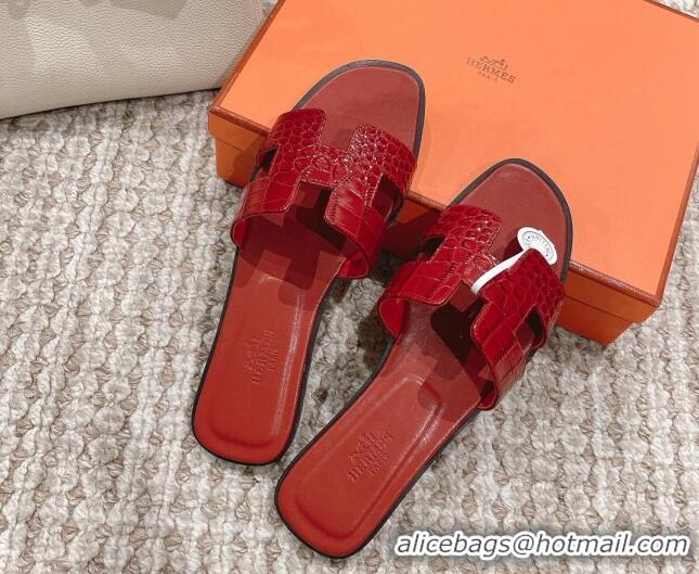 Grade Quality Hermes Classic Flat Slide Sandals in Crocodile Embossed Leather Red 0525152