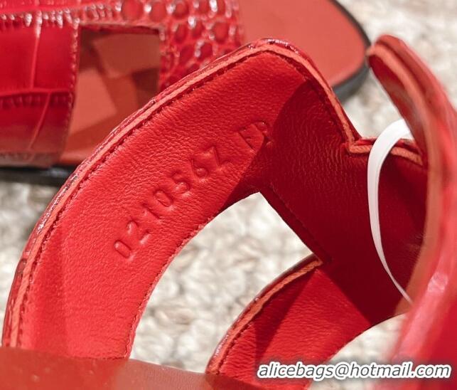 Grade Quality Hermes Classic Flat Slide Sandals in Crocodile Embossed Leather Red 0525152