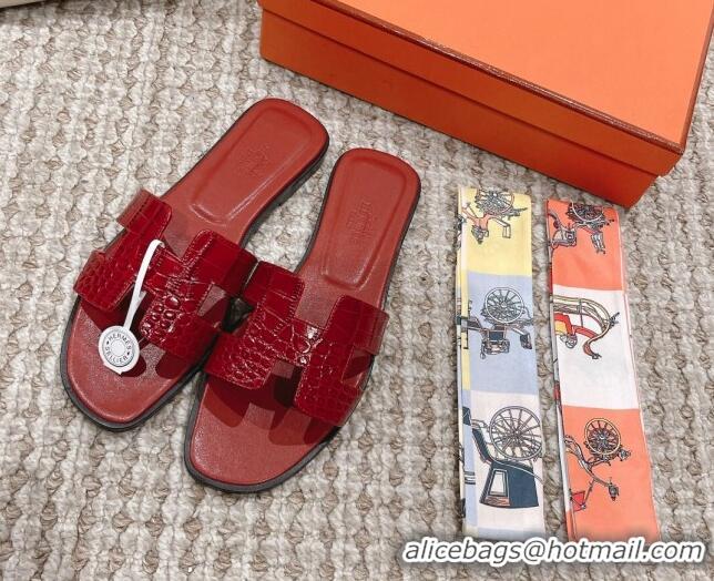 Grade Quality Hermes Classic Flat Slide Sandals in Crocodile Embossed Leather Red 0525152