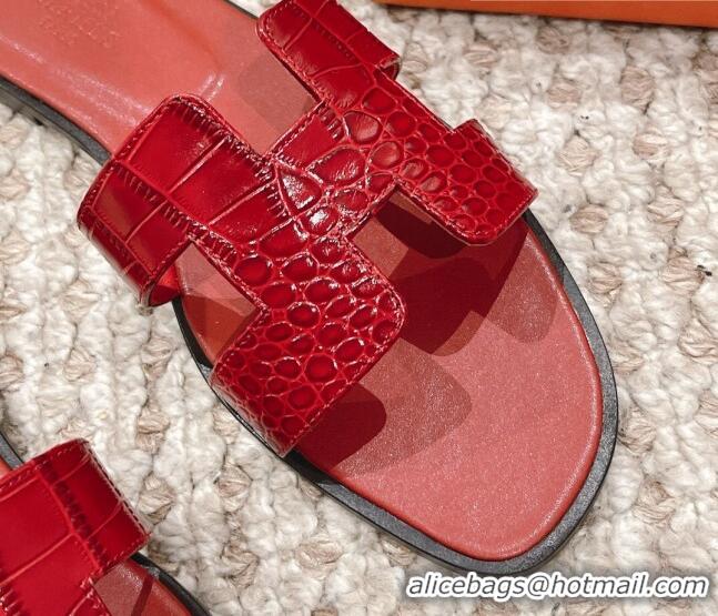 Grade Quality Hermes Classic Flat Slide Sandals in Crocodile Embossed Leather Red 0525152